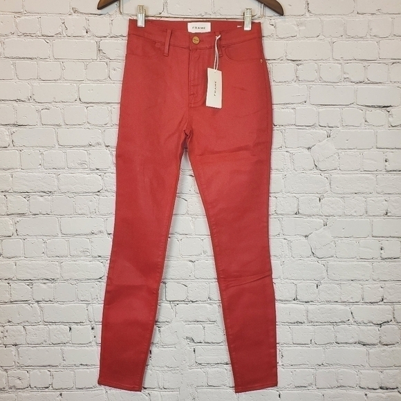 FRAME Le High Skinny Coated Denim Jeans sz. 24 Hunter Red - Picture 2 of 8